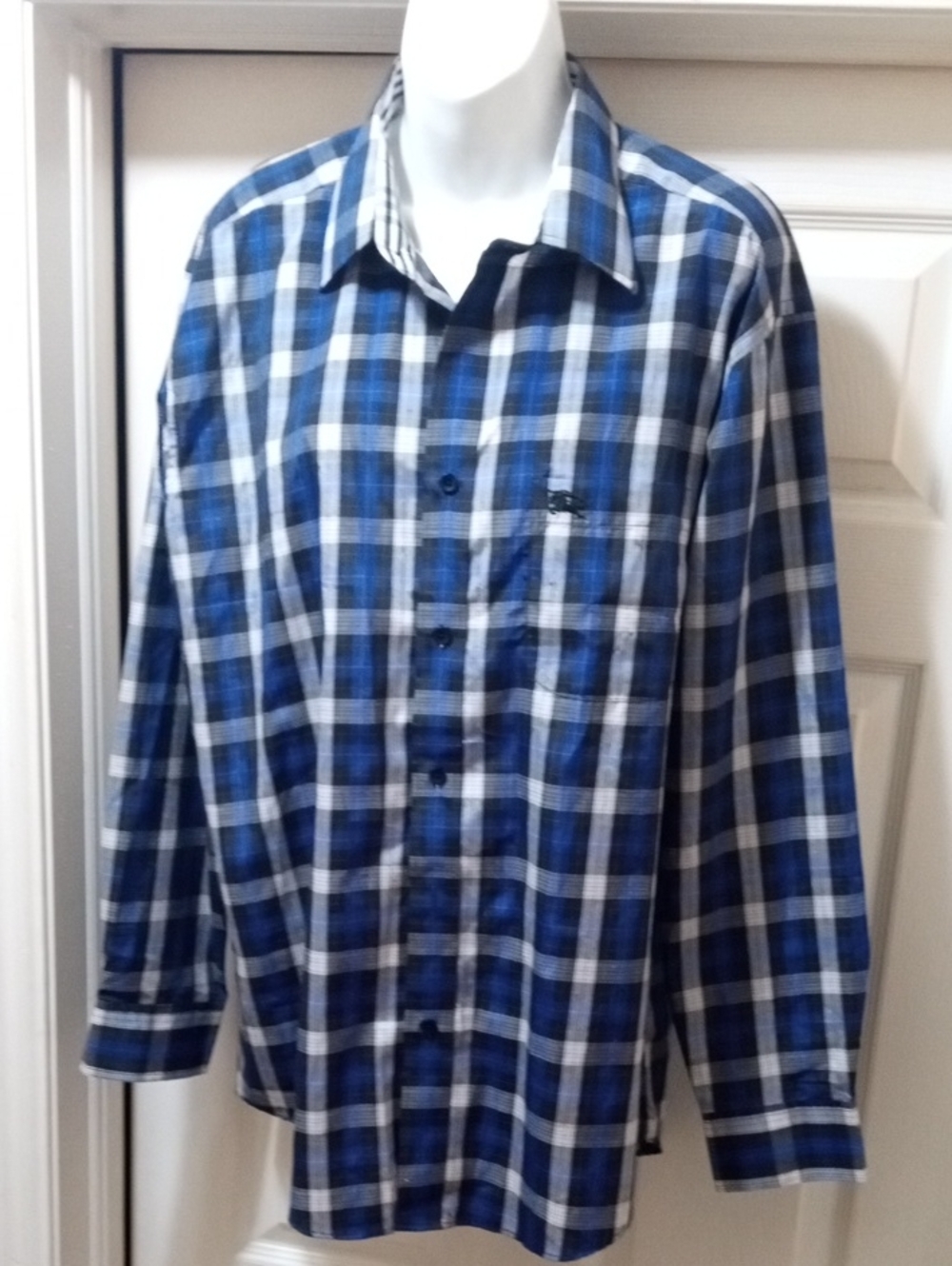 Burberry Blue and White Plaid Long Sleeve Button-Down Shirt
